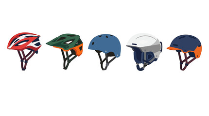 Obraz premium Bicycle helmet set with 5 vector icons, protective sports headgear for cycling and skating, colorful safety equipment collection