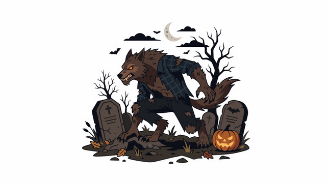 Scary werewolf in a graveyard at night with a full moon and bats flying around, vector illustration