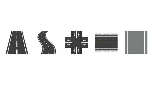 Asphalt road icons set with highway curves and intersections, flat vector street map elements, 5 transportation route symbols for navigation design