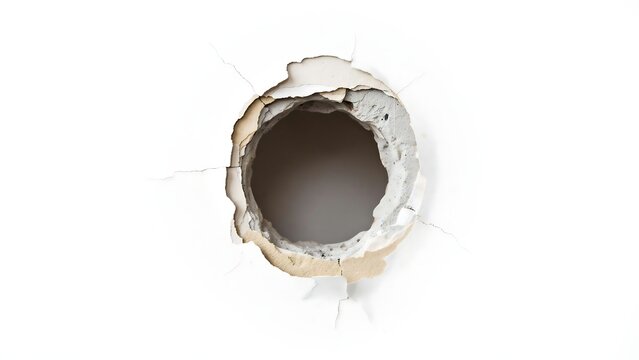 Hole in white drywall surface showing interior cavity.