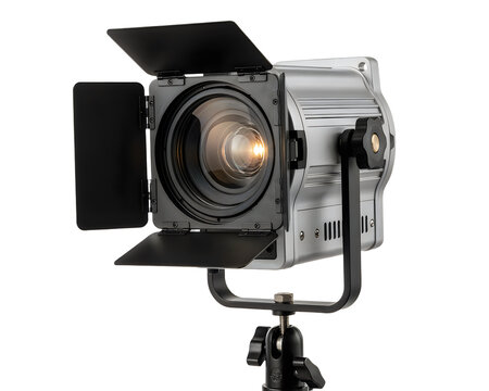 Professional film studio spotlight with barn doors and mounting bracket isolated on transparent background