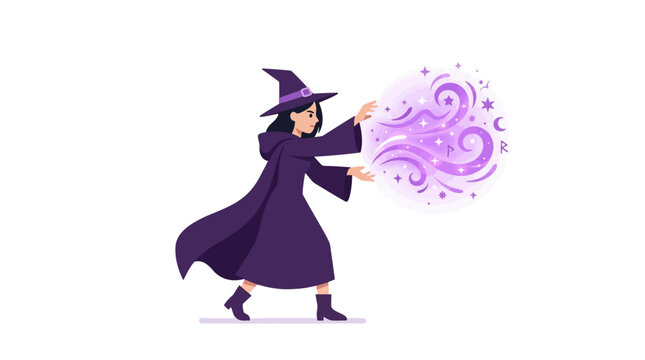 Vector illustration of a young witch casting a spell with magical purple energy and runes