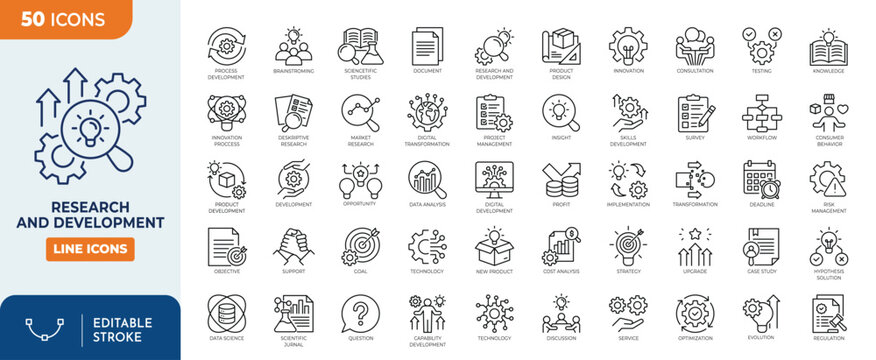 Research and Development icon set. Containing research, development, innovation, idea, concept, project, icon, plan, design, prototype, model, test, and more. editable stroke. Vector illustration