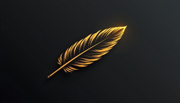 The image features a single, detailed feather with a golden hue set against a dark background