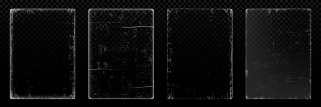 Vintage glass texture set, 4 transparent scratched glass overlays, realistic weathered screen effect with dust and grunge cracks for photo editing