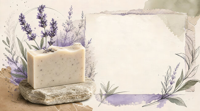 A premium artisan soap packaging composition featuring one unbranded handmade soap bar with natural botanical elements