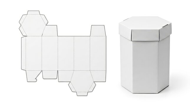 White Hexagonal Die Cut Paper Box Template and Assembled Container