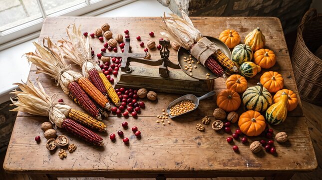 Autumn harvest bounty arranged with antique scale and corn on rustic wooden table