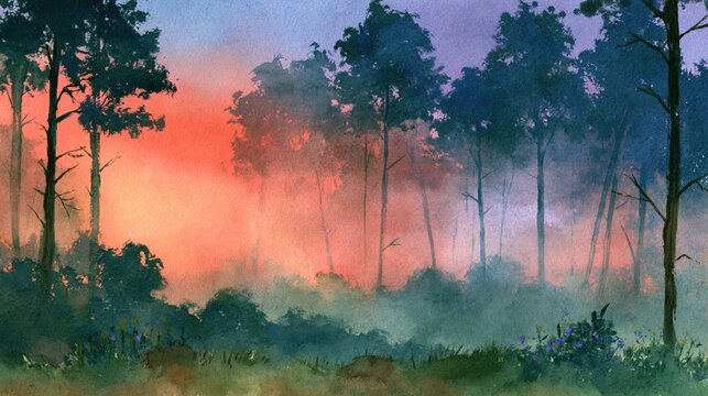 Growth mindset concept with watercolor forest landscape at sunset showing vibrant orange and purple sky