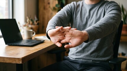 Fototapeta premium Office worker stretching hands and wrists at desk beside laptop to prevent fatigue, close-up view. 