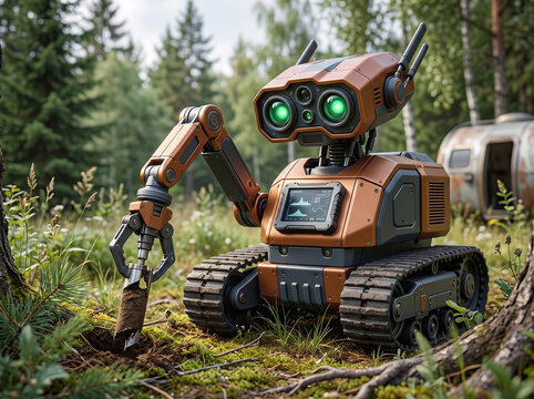 Futuristic autonomous robot with tracks and a robotic arm collecting soil samples in a green forest environment.