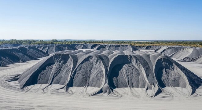 Vast industrial stockpiles of gray crushed material under a clear blue sky