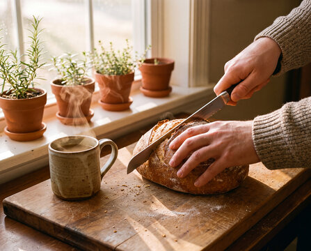 A person in a knit sweater is slicing freshly baked artisanal sourdough bread on a wooden cutting board near a warm cup of coffee.
