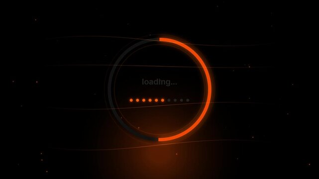 Abstract loading screen with glowing orange circle and particles