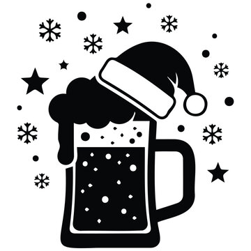 Beer mug with santa hat vector silhouette illustration for holiday festival pub design.