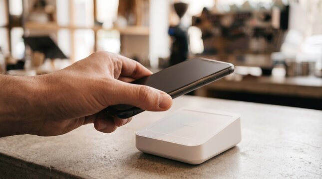 Customer paying contactless with smartphone over wireless reader at modern cafe counter, close-up view.   