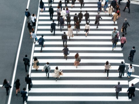 People walking on crosswalk Aerial view City street People lifestyle Downtown district Business economic concept