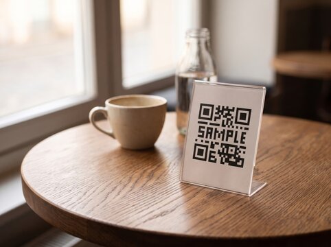 QR code menu in acrylic stand on wooden table in modern cafe beside coffee cup.   