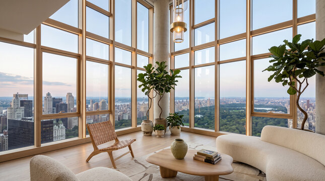 Modern luxury penthouse living room interior with floor-to-ceiling windows and panoramic city park skyline view.