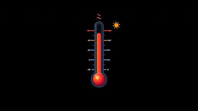 Digital thermometer rising from cold blue to hot red in animated graphic