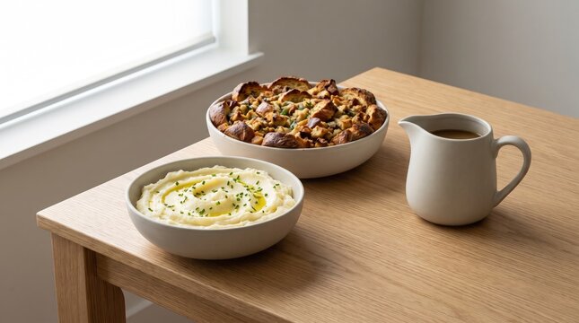 Creamy mashed potatoes with herbs beside stuffing in a bowl with gravy pitcher on table