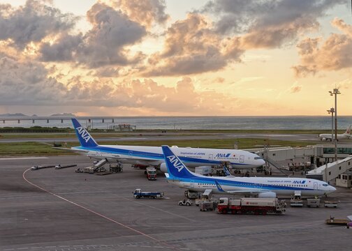 ANA All nippon Airways Aircrafts at Naha airport apron Airline Business : Okinawa , Japan - Sep 3, 2019
