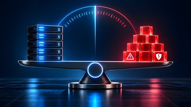 Conceptual digital scale balancing stable server infrastructure against glowing red critical data vulnerabilities and security risks in a cyber technology environment.