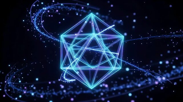Rotating glowing blue geometric 3D polyhedron shape surrounded by swirling particle light trails
