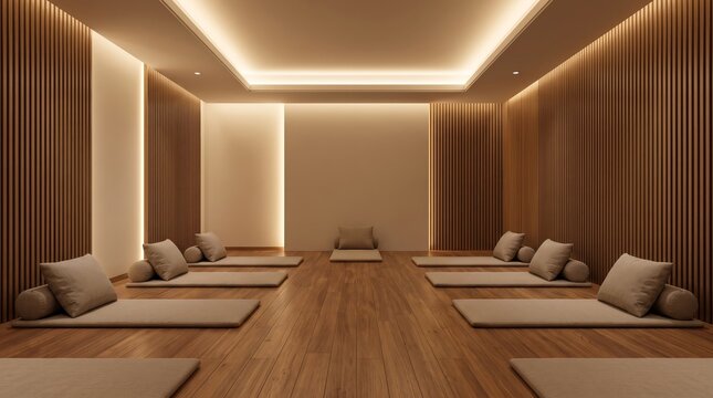 Cozy minimalist meditation corner with wood slat wall, soft warm hidden lighting, and bean bag floor cushions.
