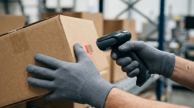 Warehouse worker scanning barcode on cardboard box with handheld laser reader during inventory check.   