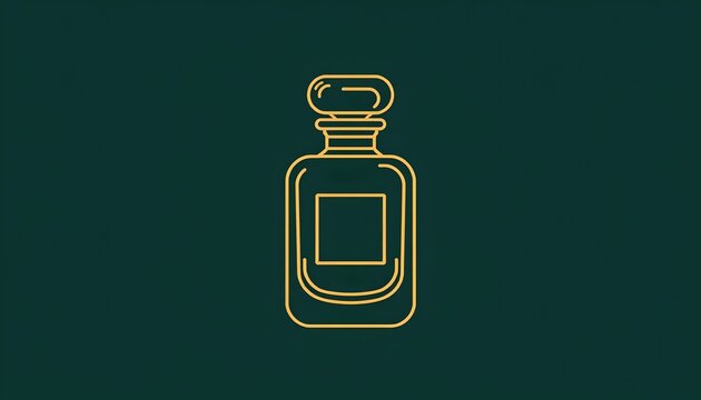 The image features a minimalist line drawing of a perfume bottle with a rectangular label on its front. The bottle has a rounded, decorative cap and is outlined in a single, continuous golden line