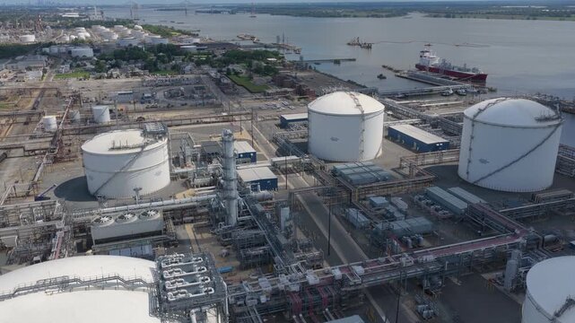 Aerial view of liquefied natural gas storage facility and port