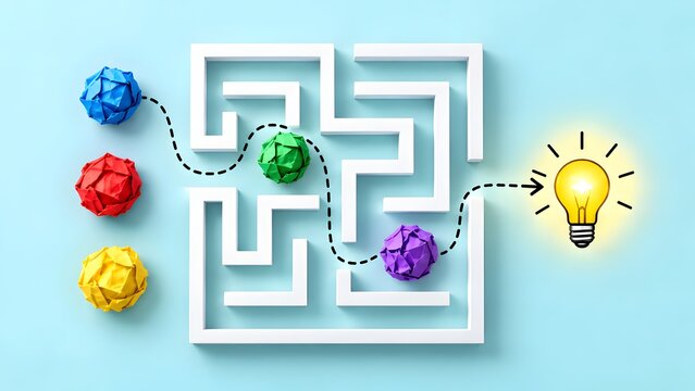Creative problem solving and business innovation concept featuring colorful paper balls navigating a complex maze towards a glowing lightbulb solution