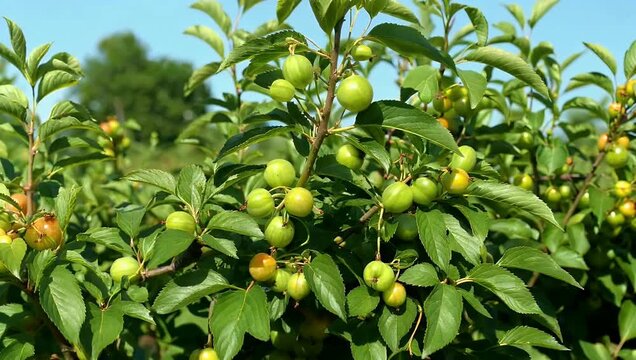 Charming 4K garden stock video showing green gooseberry branches weighed down with translucent unripe berries under bright sunlight highlighting home gardening organic fruit cultivation and summer