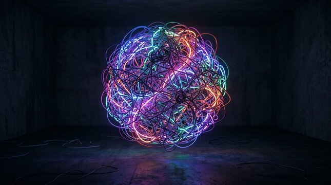 A glowing sphere made of tangled neon wires in a dark room
