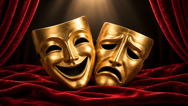 Classic golden theatrical masks of comedy and tragedy resting on elegant red velvet stage curtains representing drama acting and performing arts