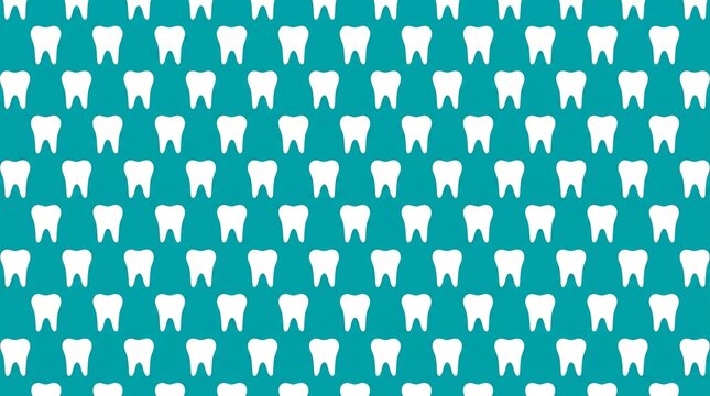 Seamless pattern of white teeth silhouettes arranged in rows on turquoise background.