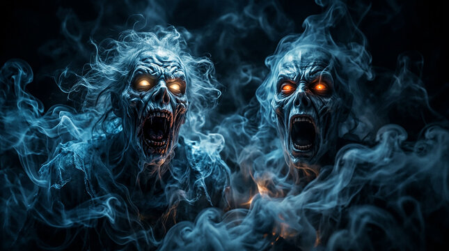 Two terrifying ghost faces screaming through swirling blue smoke, eerie Halloween atmosphere, dark background, glowing eyes and distorted expressions. Close-up.