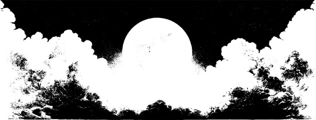 Obraz premium Vintage engraved halloween full moon border background with dramatic clouds for spooky banner and poster design