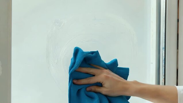 Useful 4K green screen video demonstrating a hand using a blue cloth to wipe a window glass clean providing a keyable asset for cleaning commercials and instructional videos