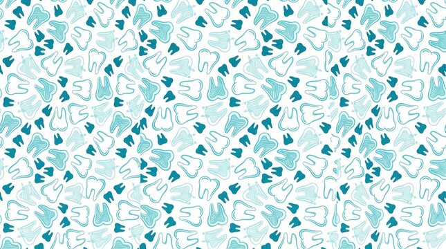 Seamless pattern of teal and white hand drawn dental teeth icons on light backdrop for dentistry and clinic branding.