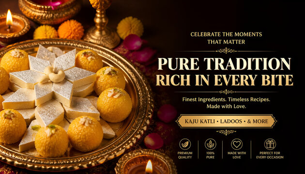 Assorted indian sweets kaju katli and laddu arranged on a traditional golden plate for diwali festival celebration