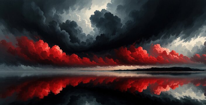 Dark stormy clouds with bright red undertones hover over calm body of water. Reflection of dramatic sky creates mirror image on lake surface. Distant dark shoreline is visible under moody sky.