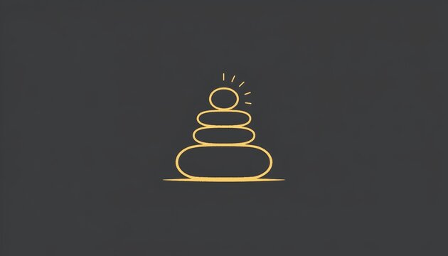 The image features a minimalistic, line drawn illustration of a balanced stack of five stones with the smallest at the top and the largest at the bottom, set against a dark background