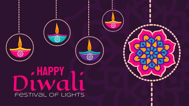 Diwali Festival of Lights animation featuring Happy Diwali lettering, colorful hanging diyas in dotted circles, and a vibrant rangoli flower framed by dotted lines on a dark purple background.