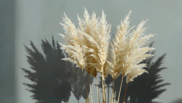 Minimalist 4K lifestyle footage featuring fluffy dried pampas grass stems arranged against a neutral gray wall with soft natural sunlight shadows creating a trendy boho-chic interior design