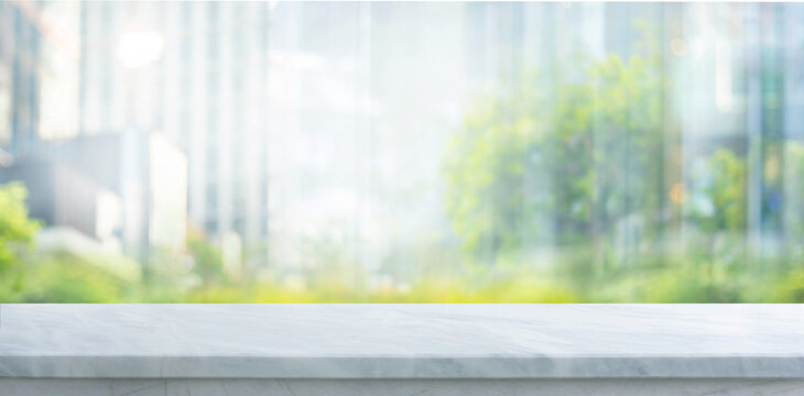 Selective focus.White luxury marble countertop with blue cityscape