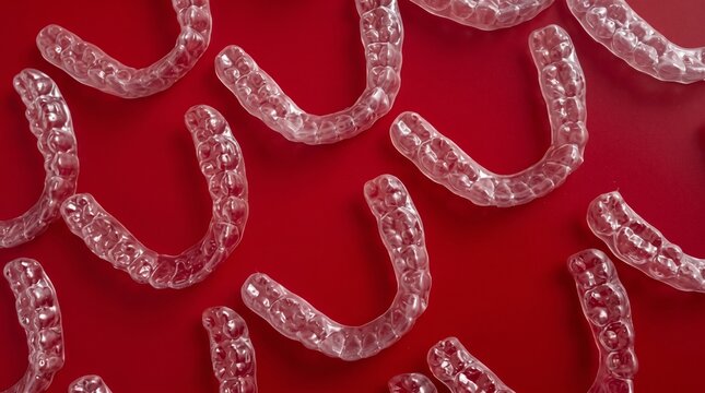 Clear orthodontic aligners scattered on a vibrant red background for dental treatment.