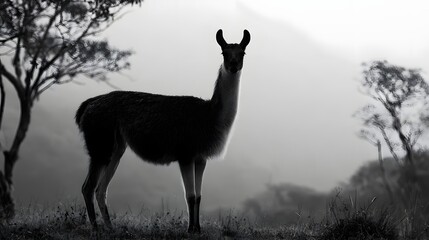 Fototapeta premium A solitary llama stands alert in a misty mountainous landscape with sparse trees and soft diffused lighting
