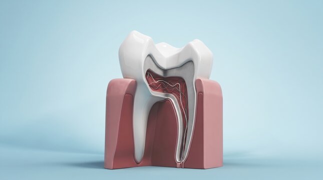 Cross-section of a tooth showing root canal structure with enamel and dentin layers.